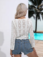 Openwork Drawstring V-Neck Long Sleeve Cover-Up - Ladyez