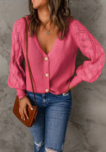 Openwork V-Neck Button Up Cardigan