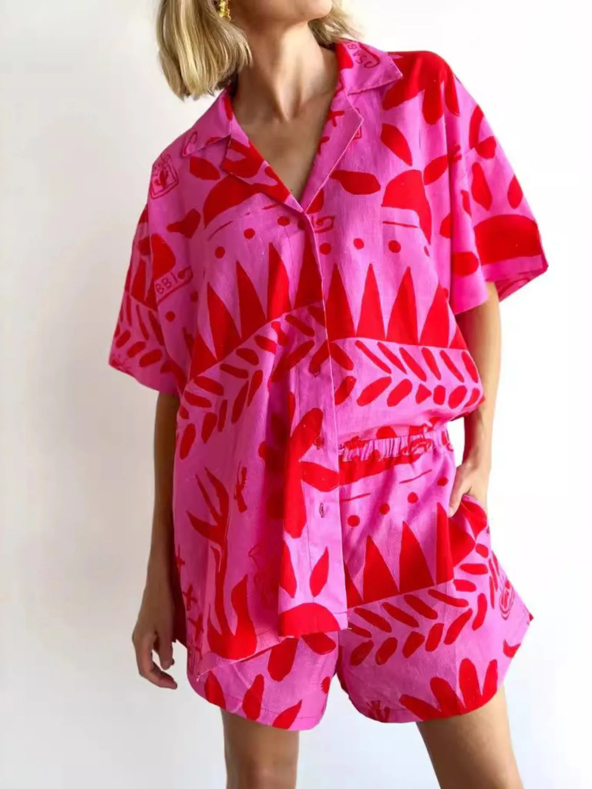 Printed Button Up Shirt and Shorts Set - Ladyez