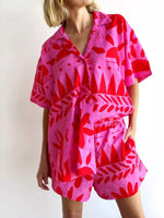 Printed Button Up Shirt and Shorts Set - Ladyez