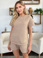 Double Take Full Size Texture Short Sleeve T-Shirt and Drawstring Shorts Set - Ladyez