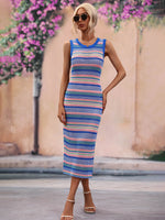 Striped Round Neck Sleeveless Midi Cover Up Dress - Ladyez