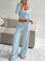 Striped Long Sleeve Crop Top & Wide Leg Pants Set