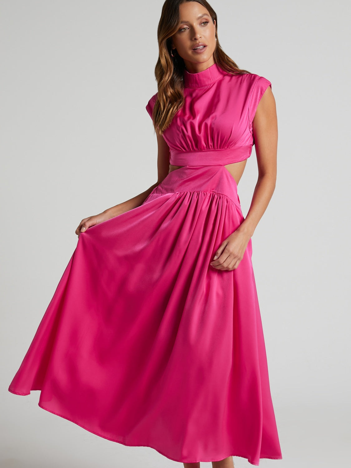 Cutout Mock Neck Sleeveless Ruched Dress - Ladyez