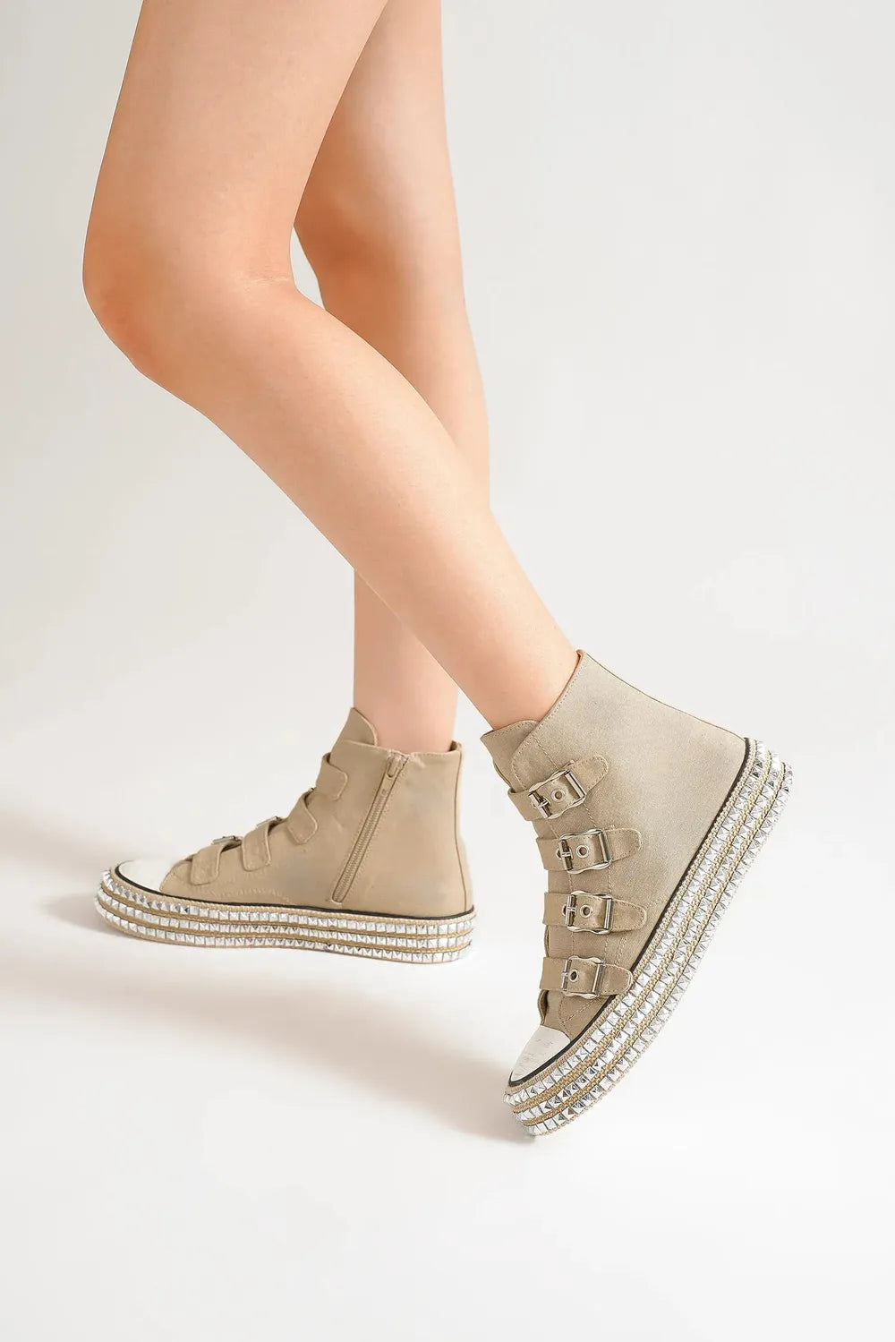 Beast Fashion Multi-Buckle Straps Studded Platform Sneakers - Ladyez