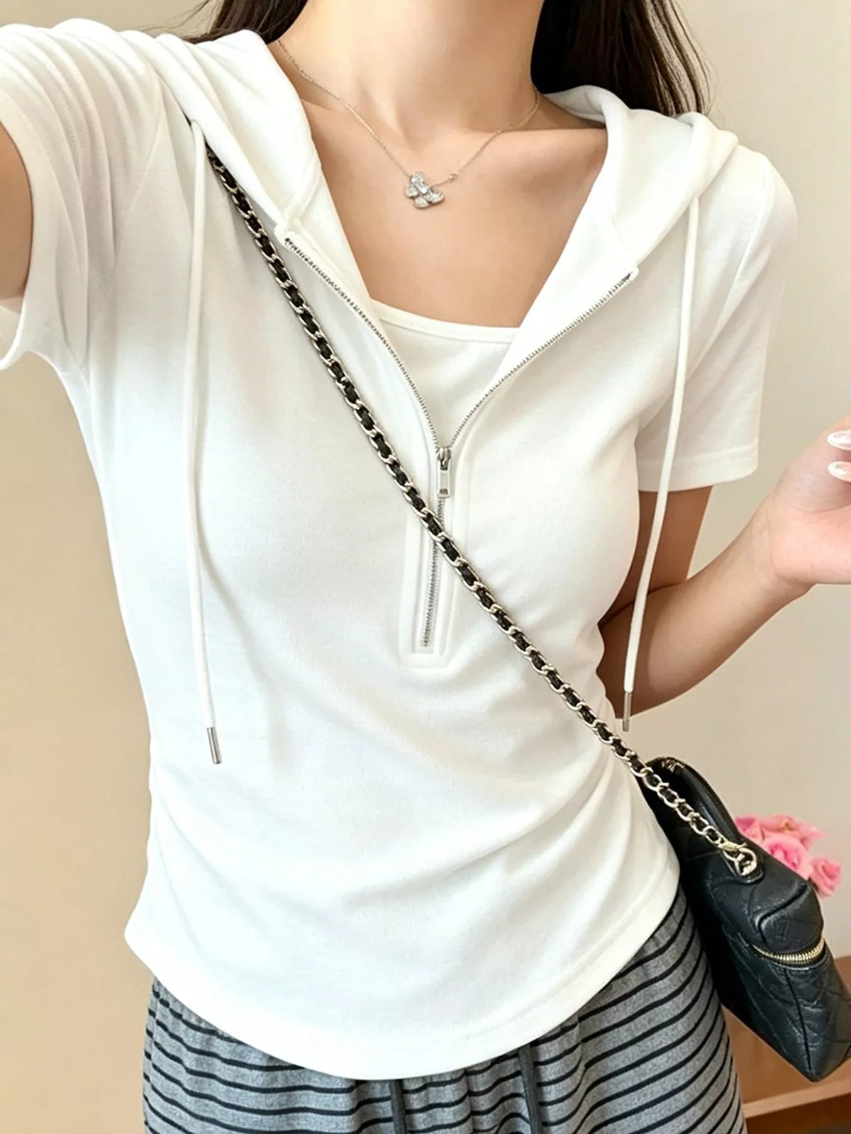 Slim-Fit Half Zip Short Sleeve Hooded Top