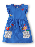 Children's Bird Applique Pocket Ruffle Sleeve Dress
