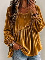 Full Size Velvet Round Neck Long Sleeve Blouse Plus Size
