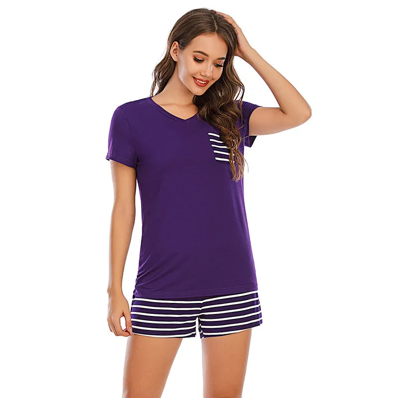 Striped Short Sleeve Top and Shorts Lounge Set - Ladyez