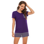 Striped Short Sleeve Top and Shorts Lounge Set - Ladyez