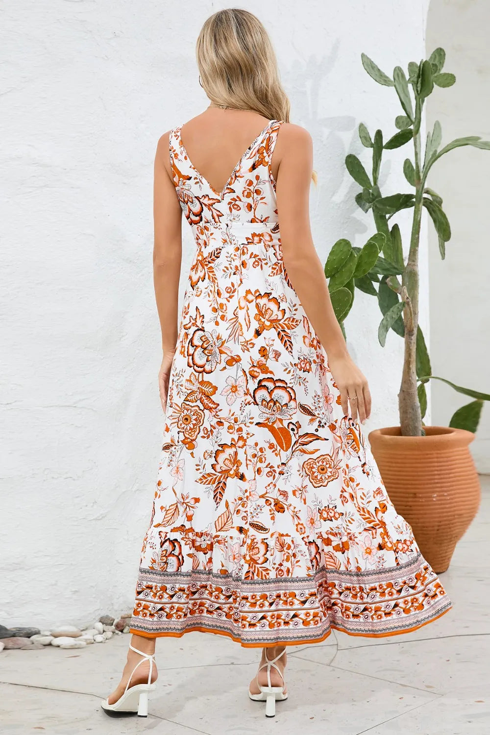 Printed V-Neck Wide Strap Dress - Ladyez