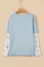 Floral Lace Sleeve Patchwork Waffle Fake Two-Piece Top