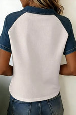 Textured Color Block Denim Patchwork Polo Collar Tee
