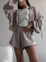 Zip Up Long Sleeve Outerwear and Shorts Set