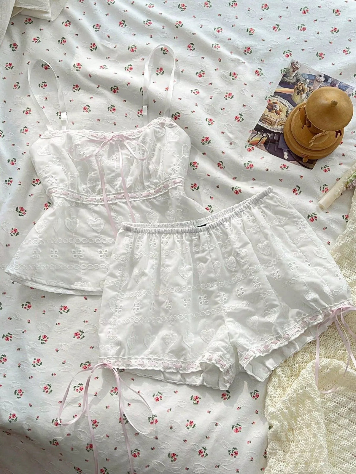 Lace Detail Eyelet Cami and Shorts Set
