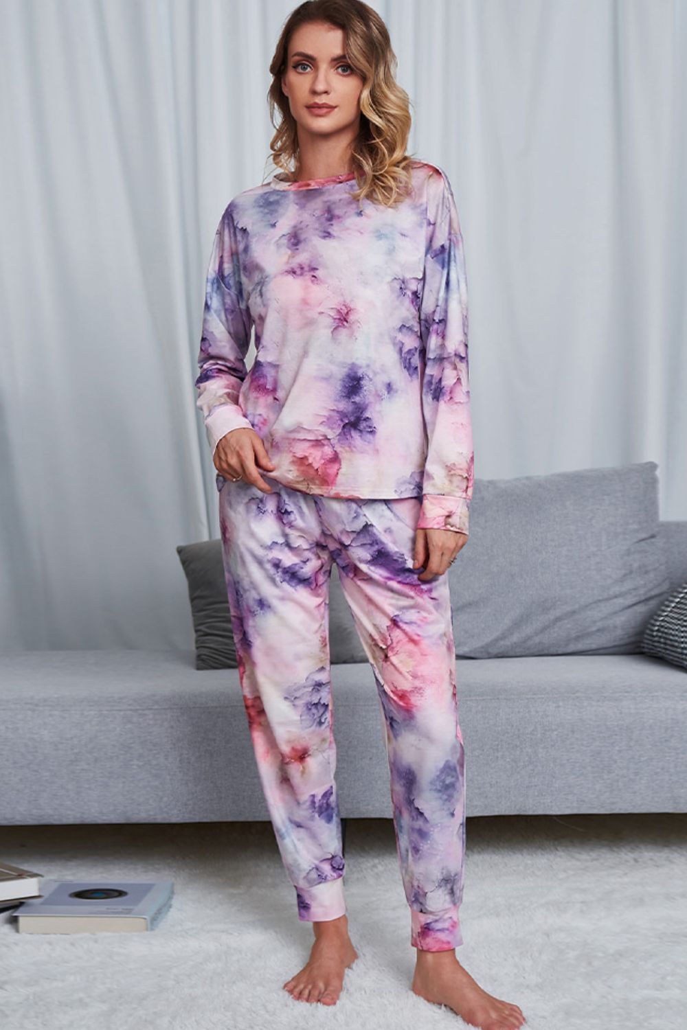 Shiny Tie-Dye Crewneck Top and Drawstring Waist Joggers Lounge Set - Ladyez