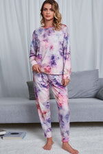 Shiny Tie-Dye Crewneck Top and Drawstring Waist Joggers Lounge Set - Ladyez
