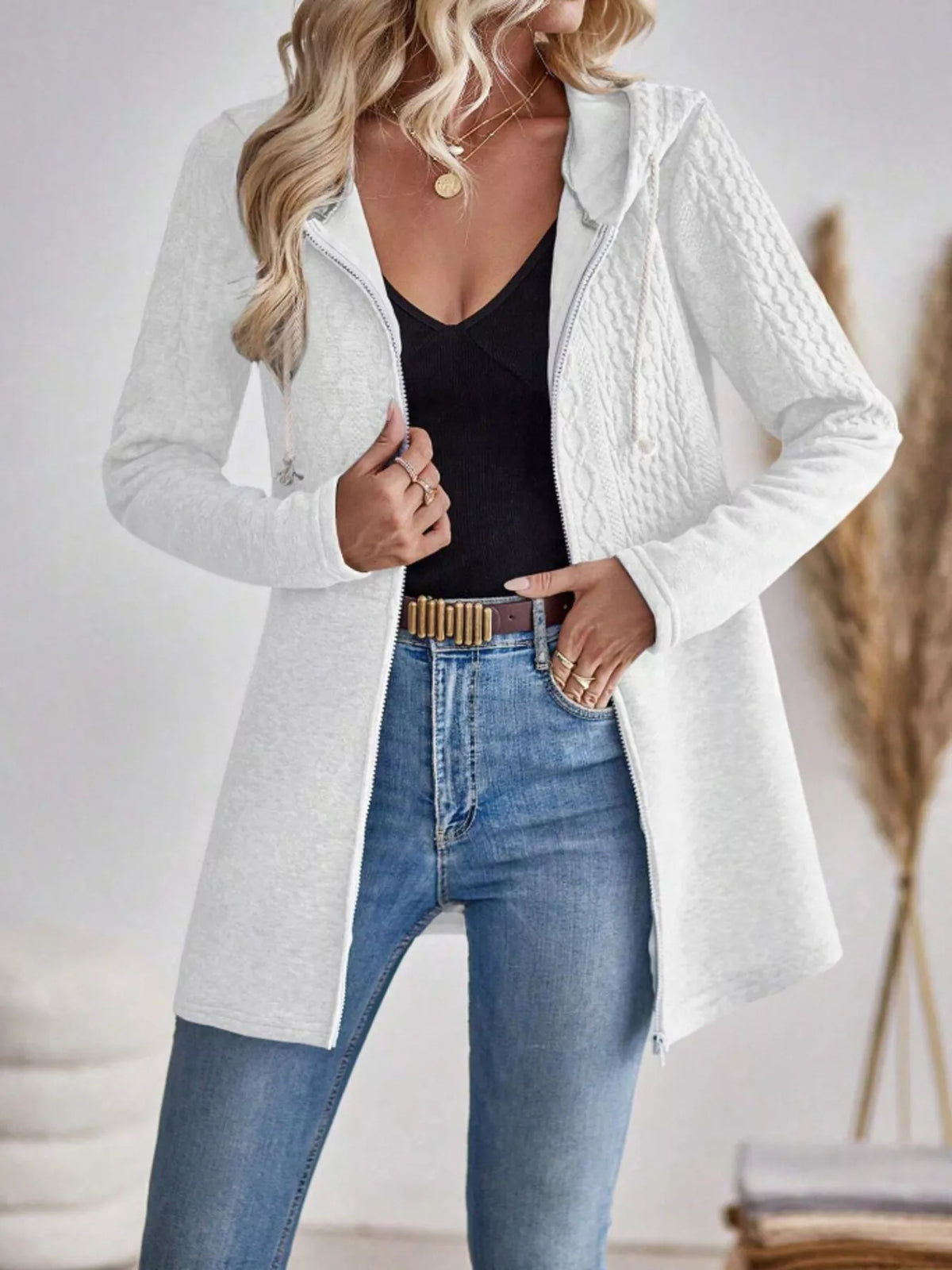 Drawstring Textured Zip Up Drawstring Hooded Jacket