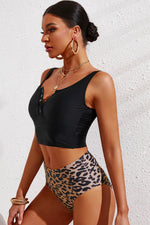 Half Snap Square Neck Tankini Set - Ladyez