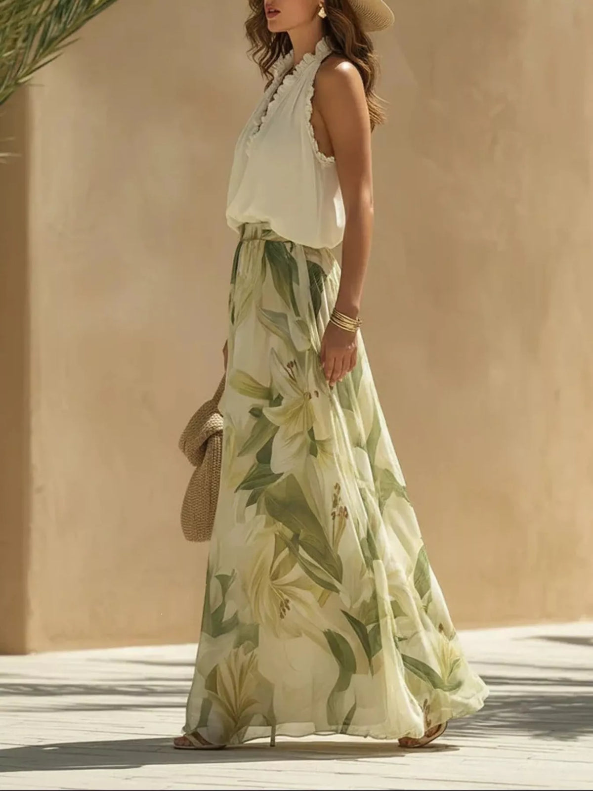 Frill Sleeveless Top and Wide-Leg Pants Two-Piece Set