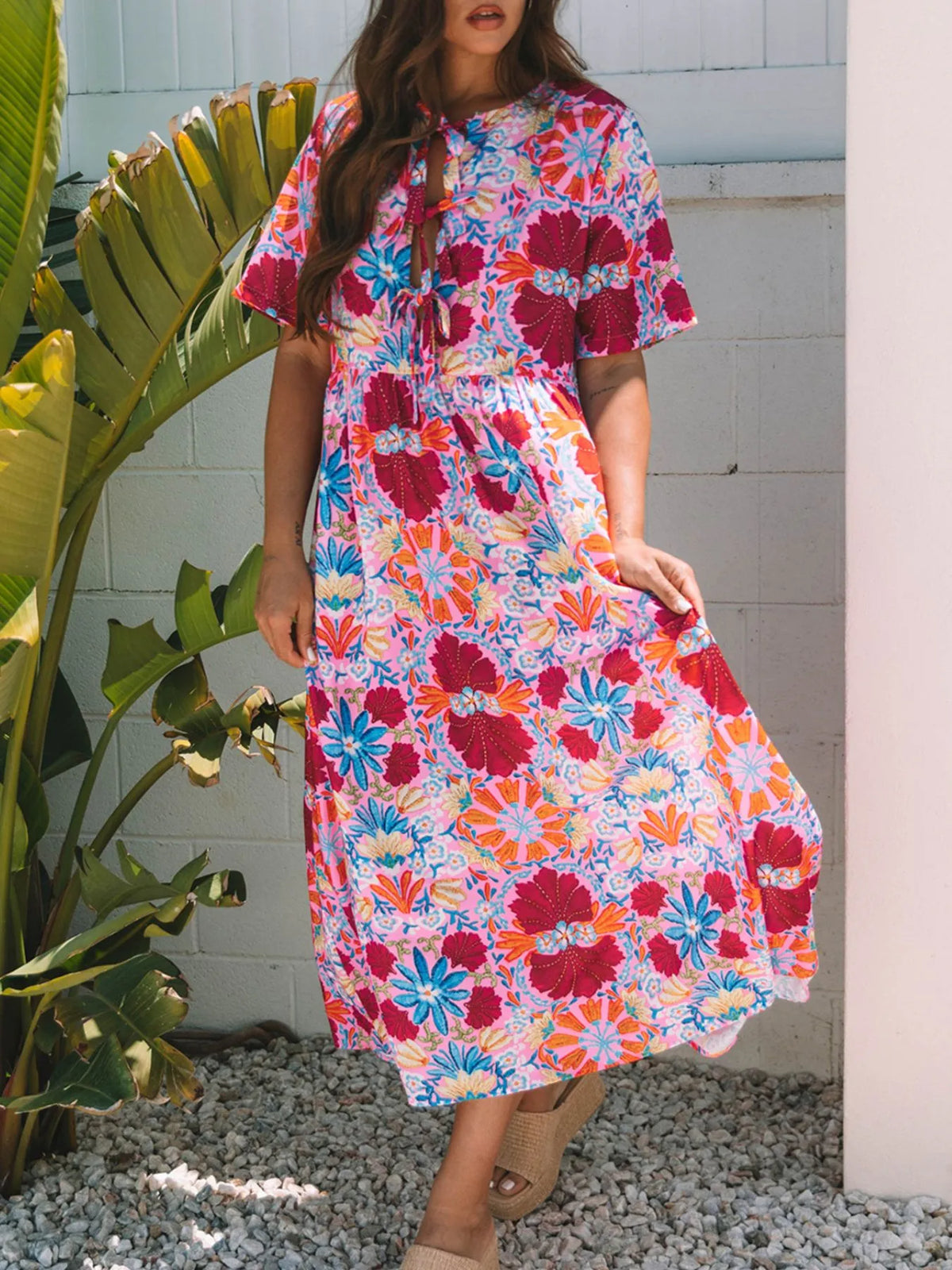Floral Print Tie Front Midi Dress