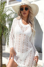 Angel Wings Openwork Scalloped Trim Long Sleeve Cover-Up Dress - Ladyez