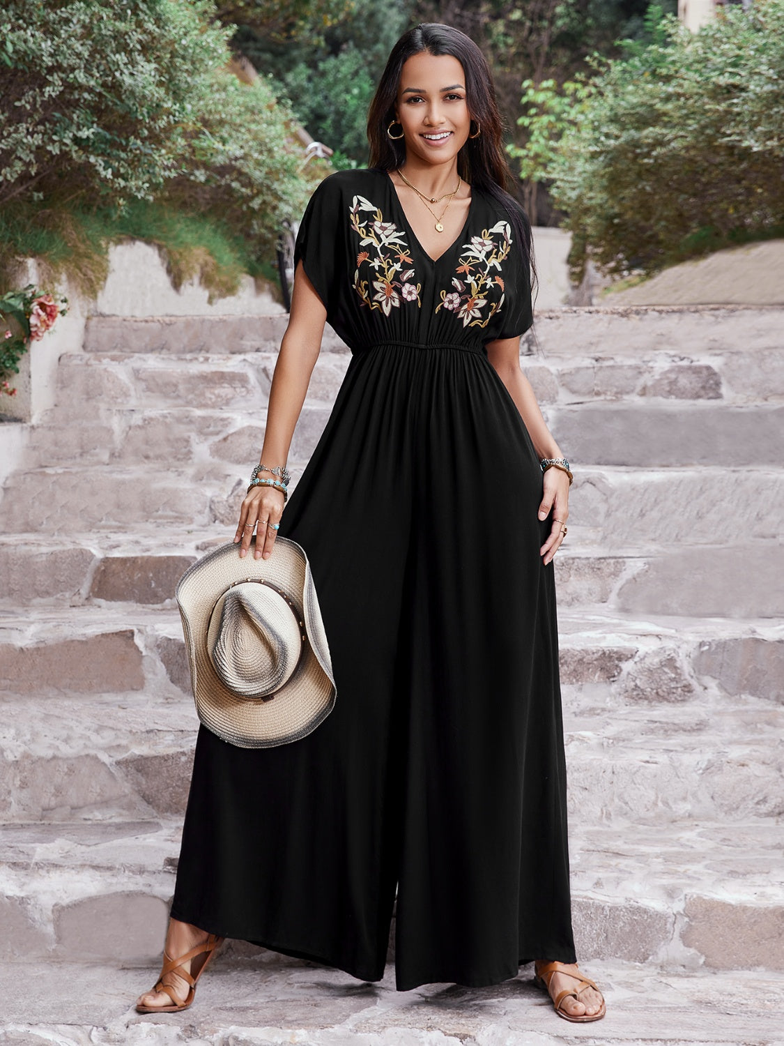 Embroidered Ruched Short Sleeve Jumpsuit - Ladyez