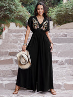 Embroidered Ruched Short Sleeve Jumpsuit - Ladyez