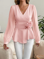 Flower Surplice Long Sleeve Blouse - Ladyez