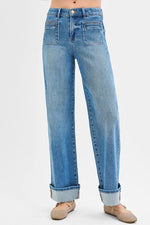 RISEN Full Size Elastic Band Mid Rise Wide Front Patch Pocket Cuff Jeans Plus Size - Ladyez