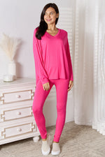 Basic Bae Full Size V-Neck Soft Rayon Long Sleeve Top and Pants Lounge Set - Ladyez