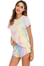 Tie-Dye Round Neck Short Sleeve Top and Shorts Lounge Set - Ladyez