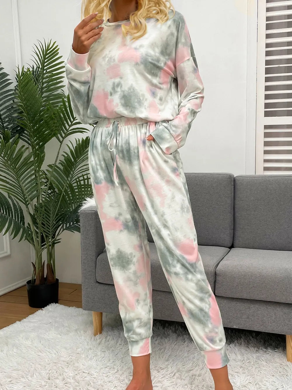 Shiny Tie-Dye Round Neck Top and Drawstring Pants Lounge Set - Ladyez