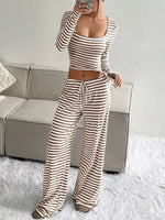 Striped Long Sleeve Crop Top and Wide Leg Pants Set