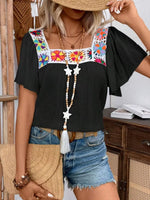 Embroidered Square Neck Flutter Sleeve Blouse