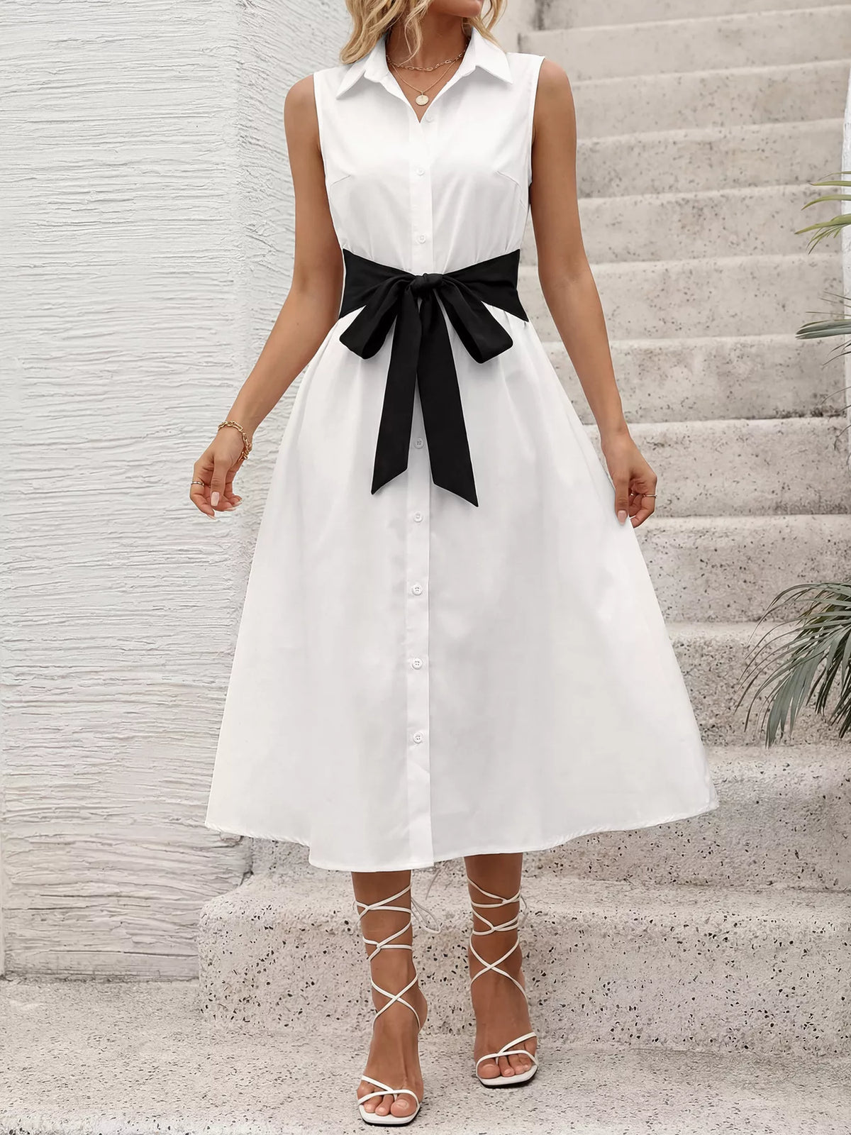 Contrast Bow Sleeveless Shirt Dress