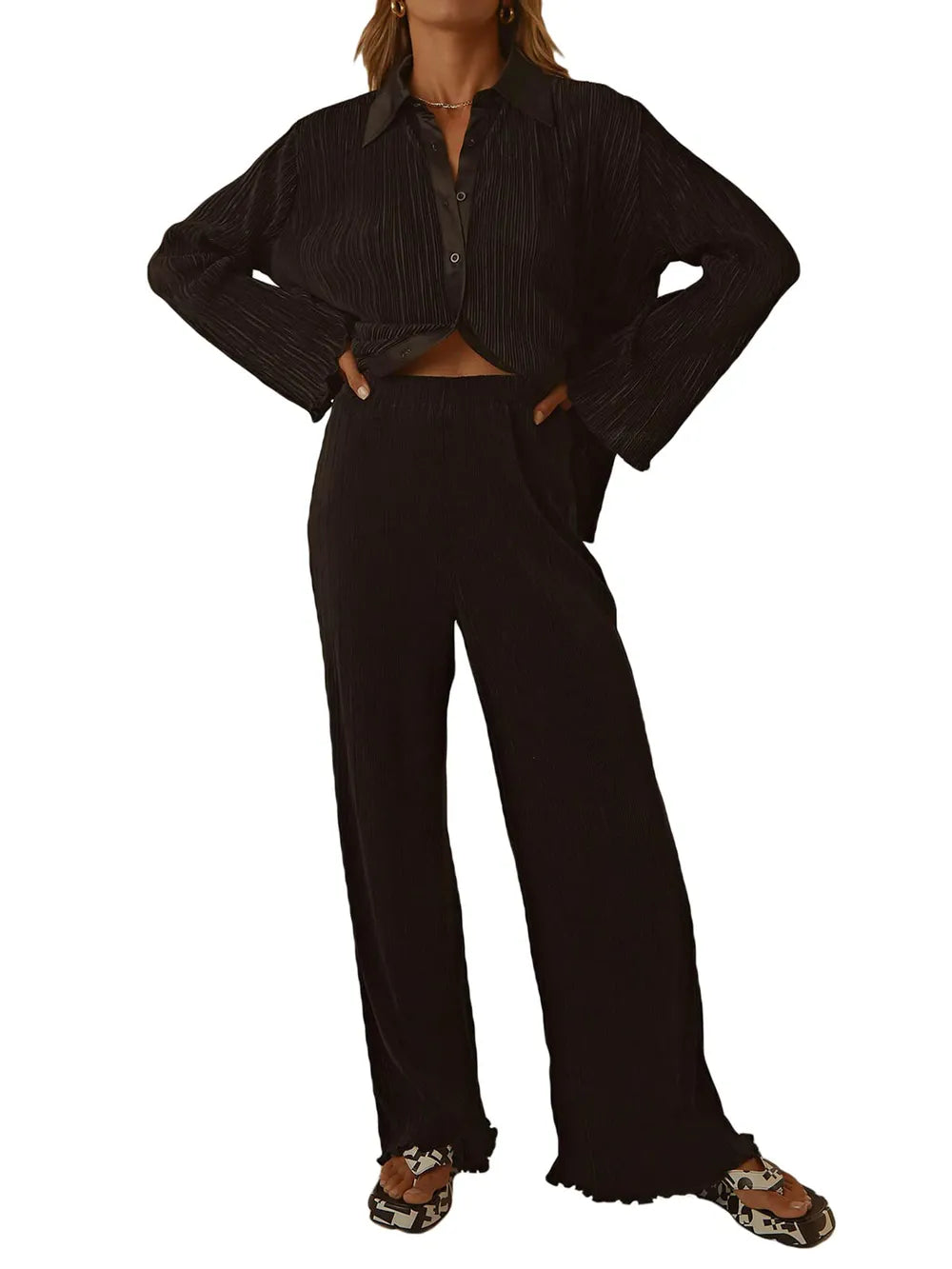 Collared Neck Long Sleeve Top and Pants Lounge Set - Ladyez