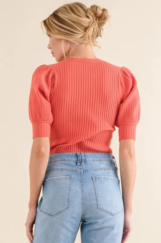 And The Why Puffed Half Sleeve Rib Basic Bodysuit - Ladyez
