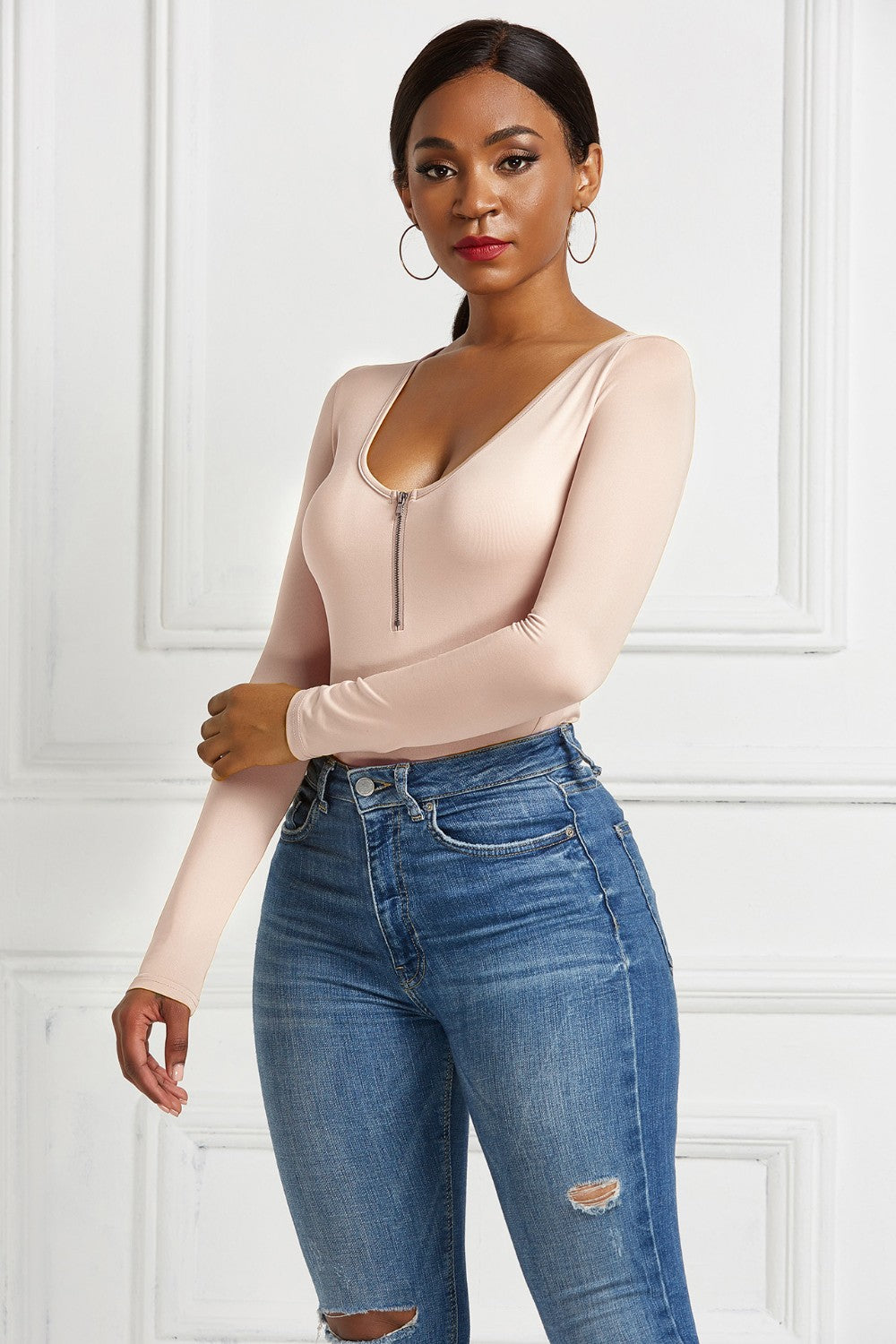 Half Zip Scoop Neck Long Sleeve Bodysuit - Ladyez