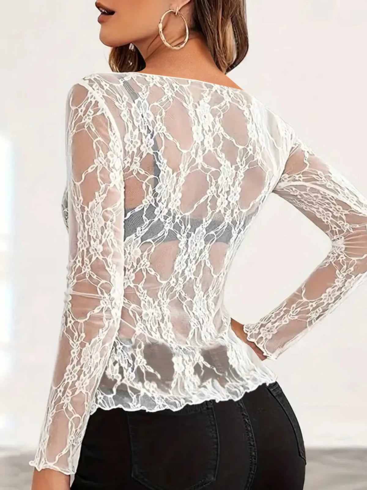 Mesh Floral Lace Long Sleeve T-Shirt - Ladyez
