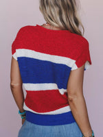 Striped Notched Short Sleeve Sweater