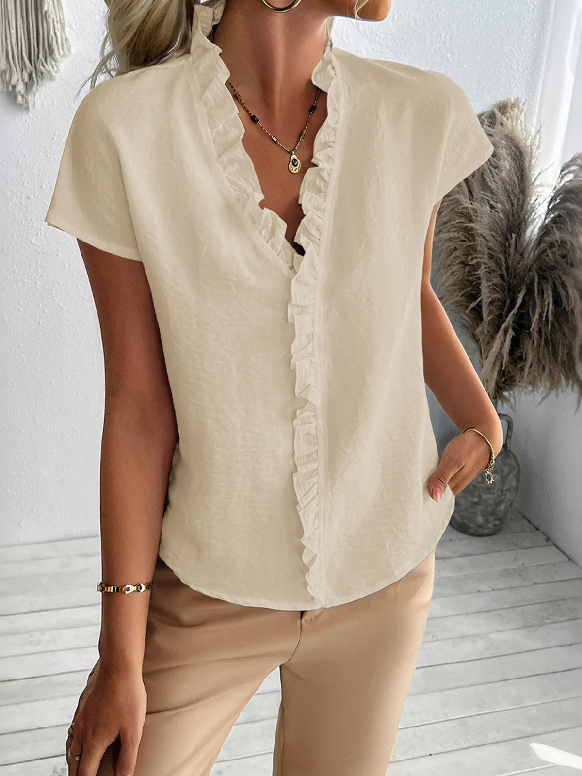Ruffled V-Neck Short Sleeve Blouse - Ladyez