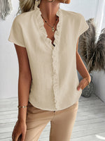 Ruffled V-Neck Short Sleeve Blouse - Ladyez