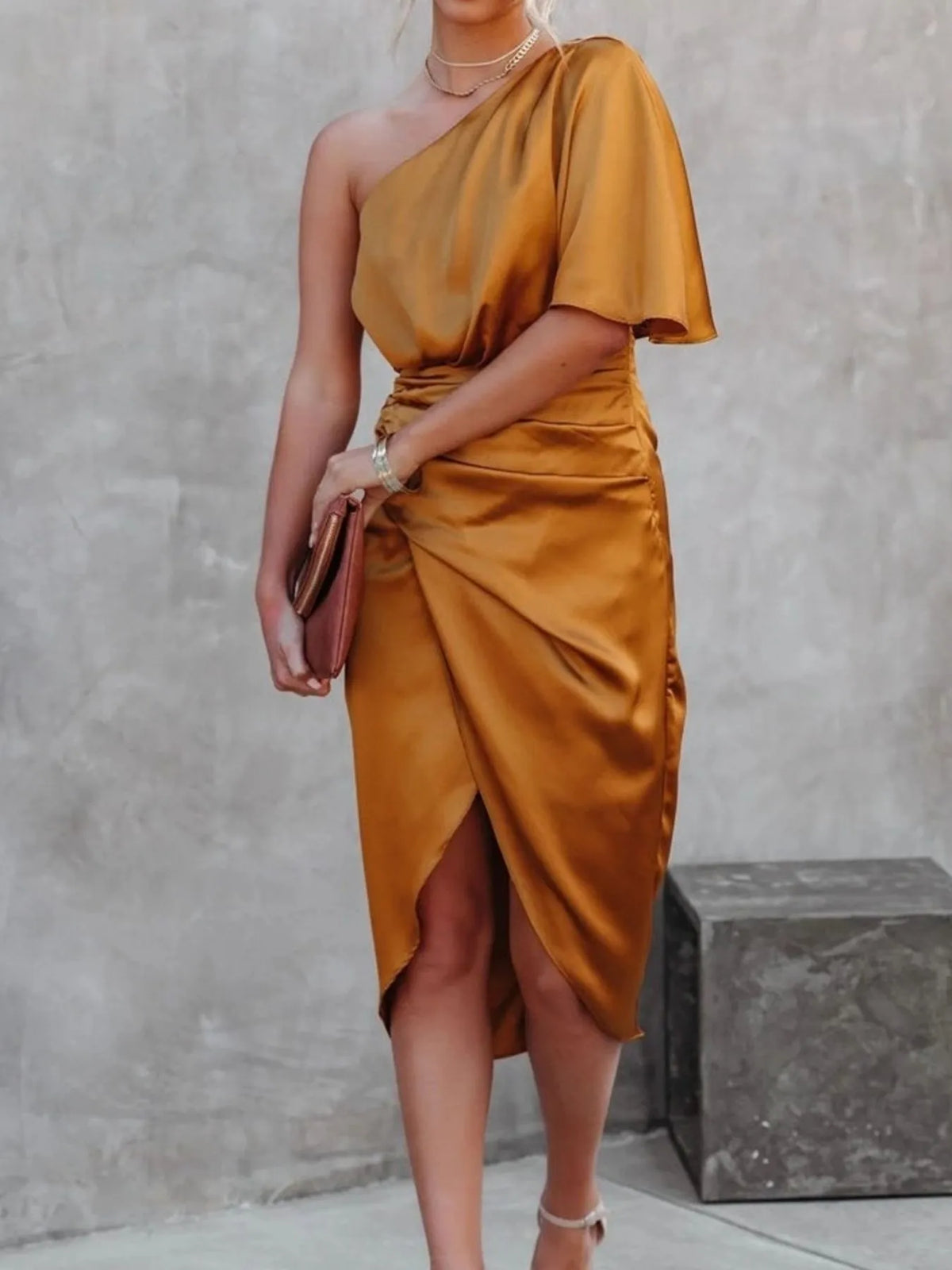 One-Shoulder Satin Wrap Dress with Side Slit - Ladyez