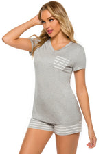 Striped Short Sleeve Top and Shorts Lounge Set - Ladyez