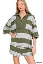 Zenana Frenchterry Striped Half Zip Top & Shorts Set