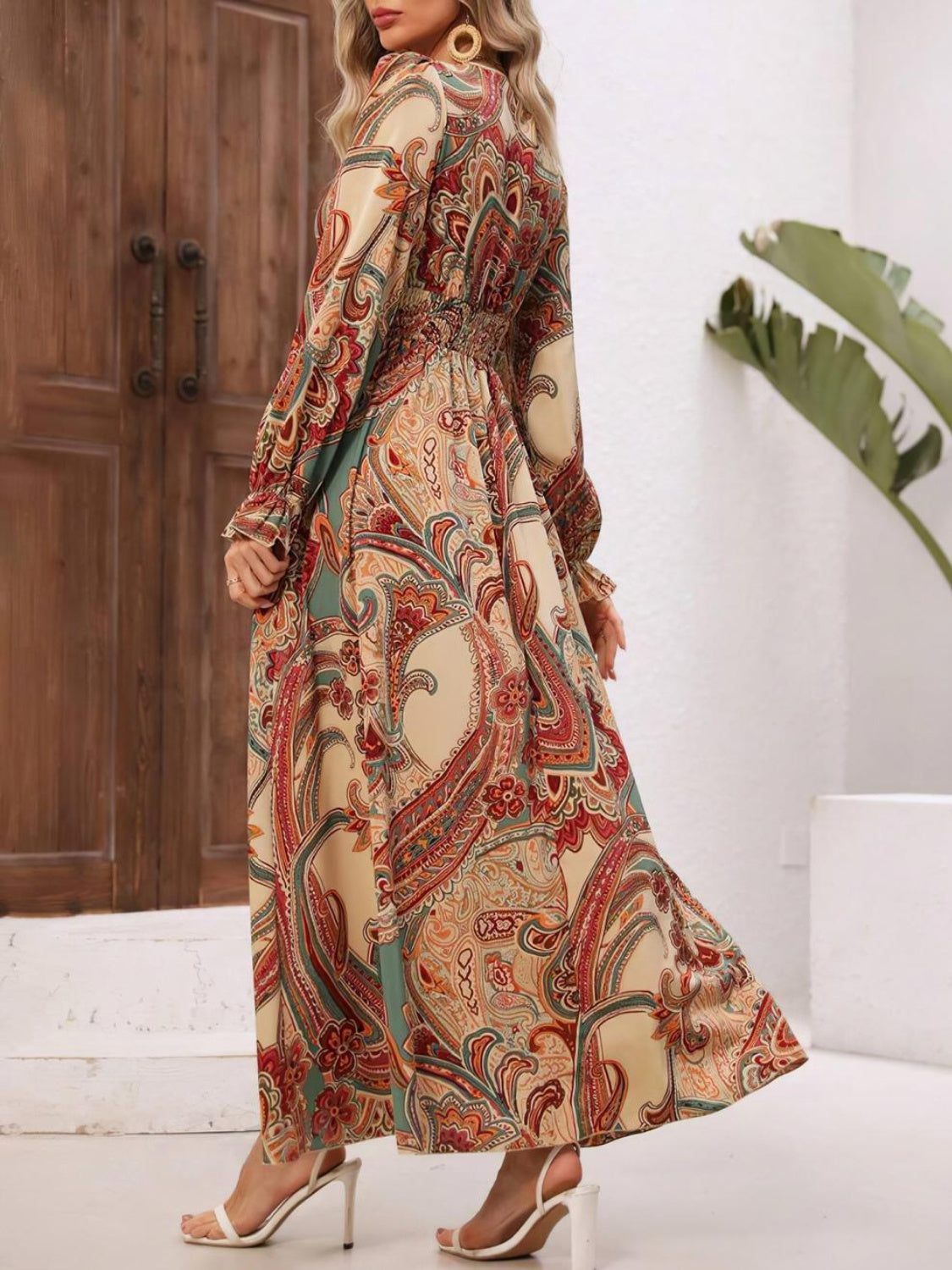 Smocked Printed V-Neck Flounce Sleeve Dress - Ladyez