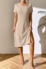 Ivy Lane Ribbed Asymmetrical Neck Short Sleeve Dress - Ladyez