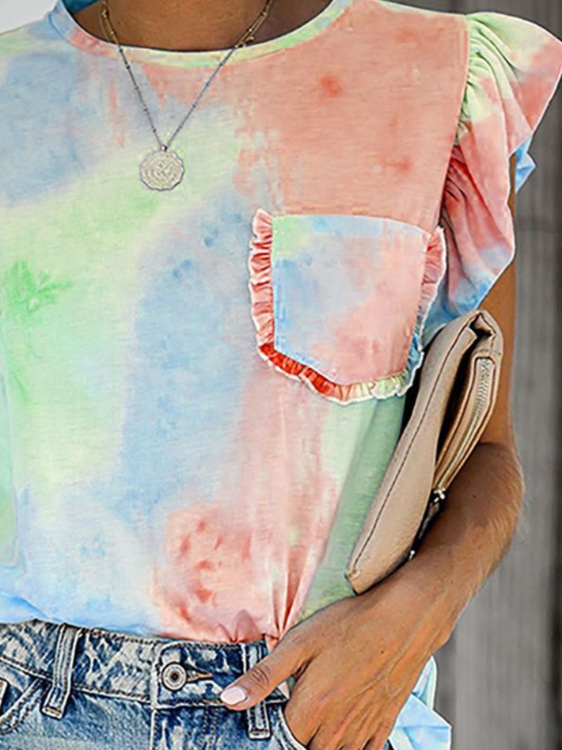Ruffled Printed Round Neck Cap Sleeve T-Shirt - Ladyez