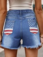American Flag Raw Hem Denim Shorts with Pockets